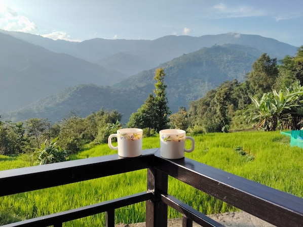 Two white mugs with floral designs on a wooden railing overlooking a green field and distant mountains.