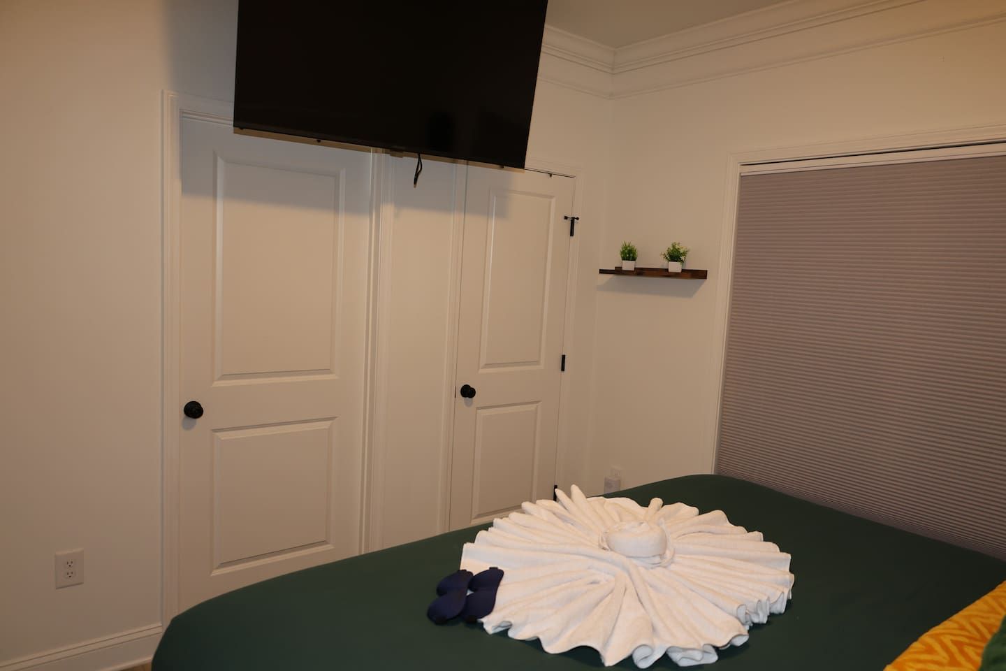 Un dormitorio con cama, televisor sobre una puerta, una estantería pequeña con plantas y un armario cerrado.