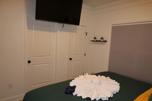 A bedroom with a bed, a television mounted above a door, a small shelf with plants, and a closed closet. - Elegant, Centrally-Located, Comfy Guest House. (Durham)