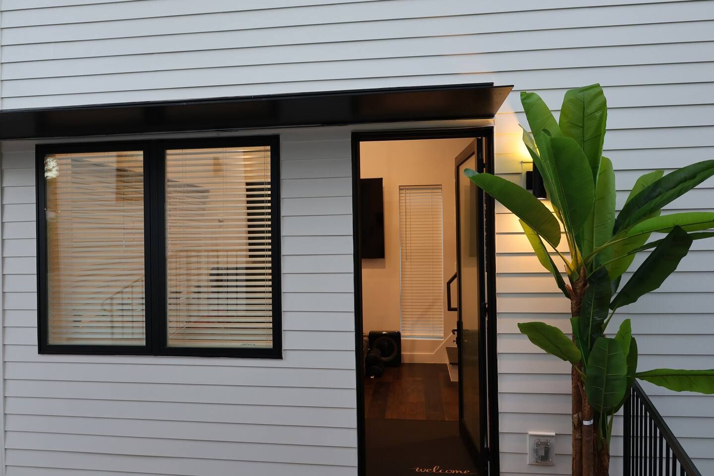 A house entrance with a door leading to a hallway, a large window with blinds, and a potted plant outside.
