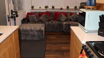 Eine kompakte Küche mit Mikrowelle, Herd und Backofen. Im Hintergrund befindet sich eine Couch mit Kissen.