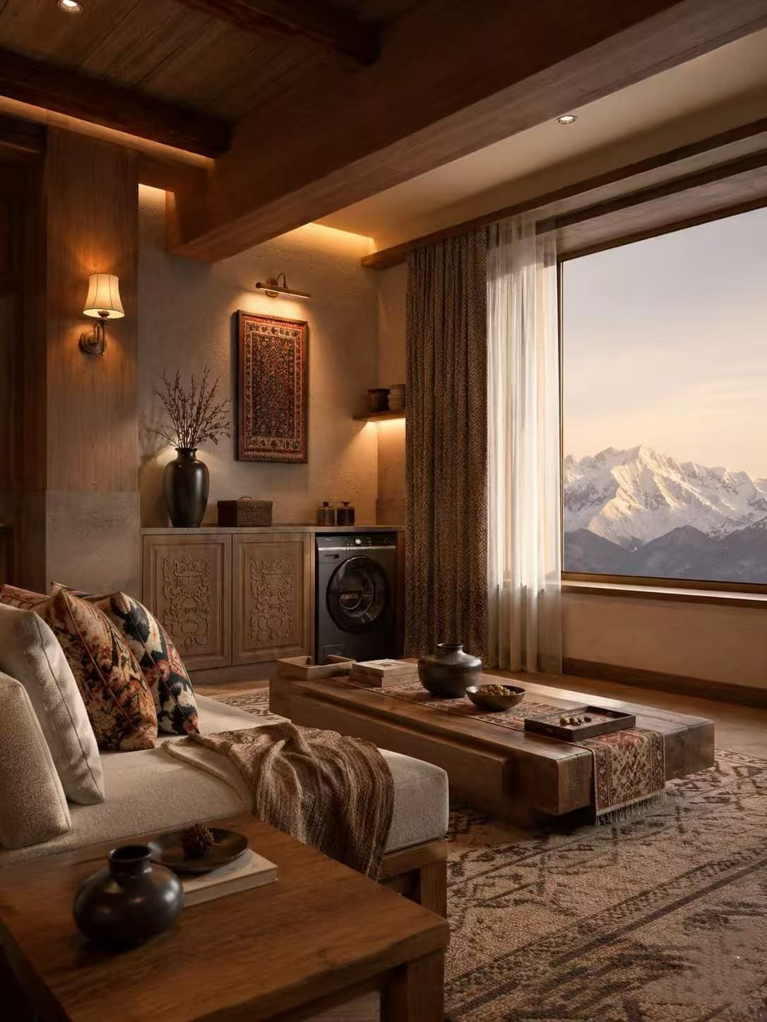 A modern living room with a large window, a sofa, a coffee table, and a washing machine.