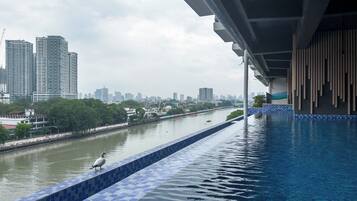 A view of a river with a tiled edge, a bird on the edge, and a cityscape in the background.