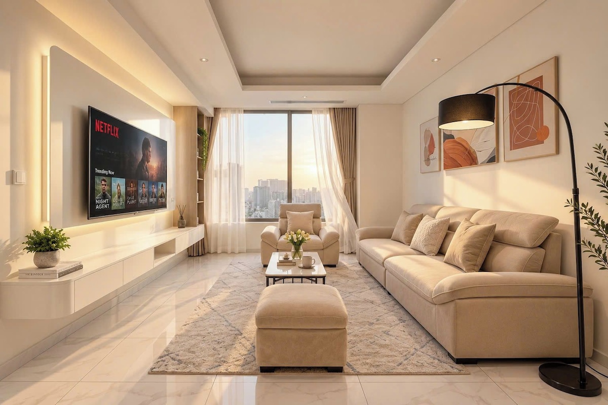 Una sala de estar moderna con una televisión de pantalla plana, un sofá, una mesa de centro y un ventanal con cortinas.