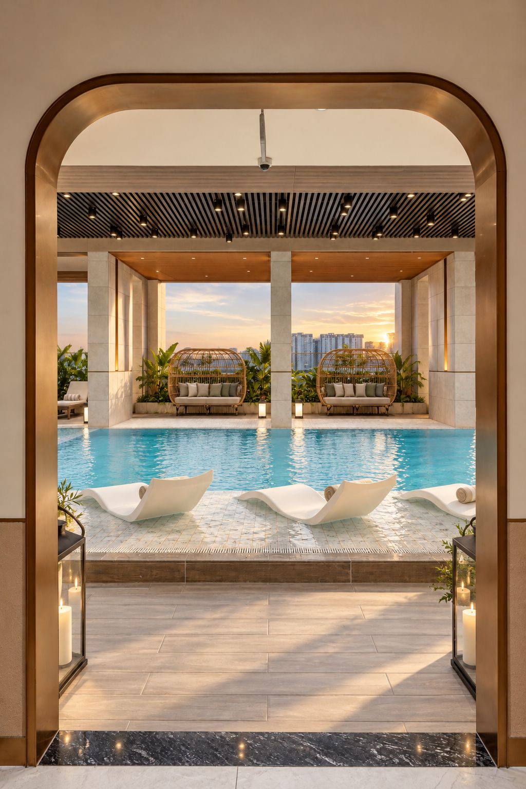 A pool area with lounge chairs and a view of the city skyline.