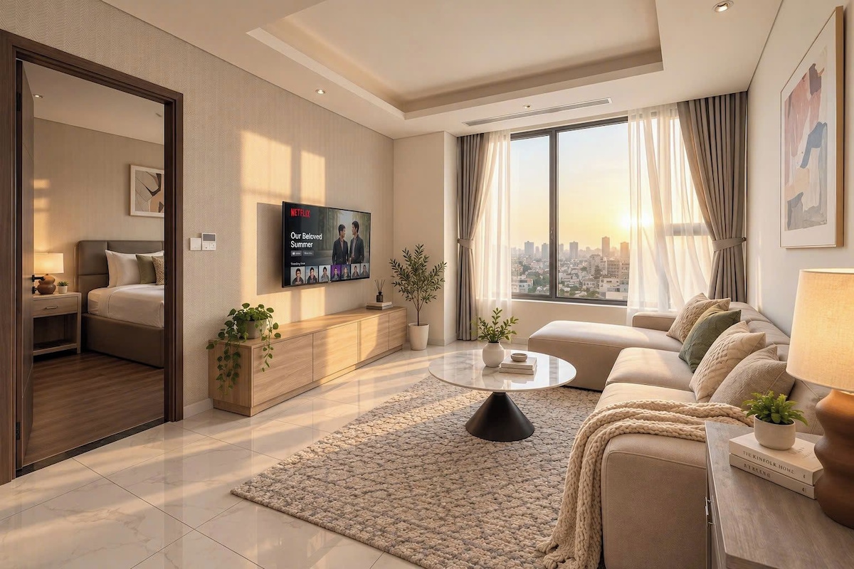 Una habitación de hotel moderna con una cama, un sofá, una mesa de centro y un televisor mostrando un programa.