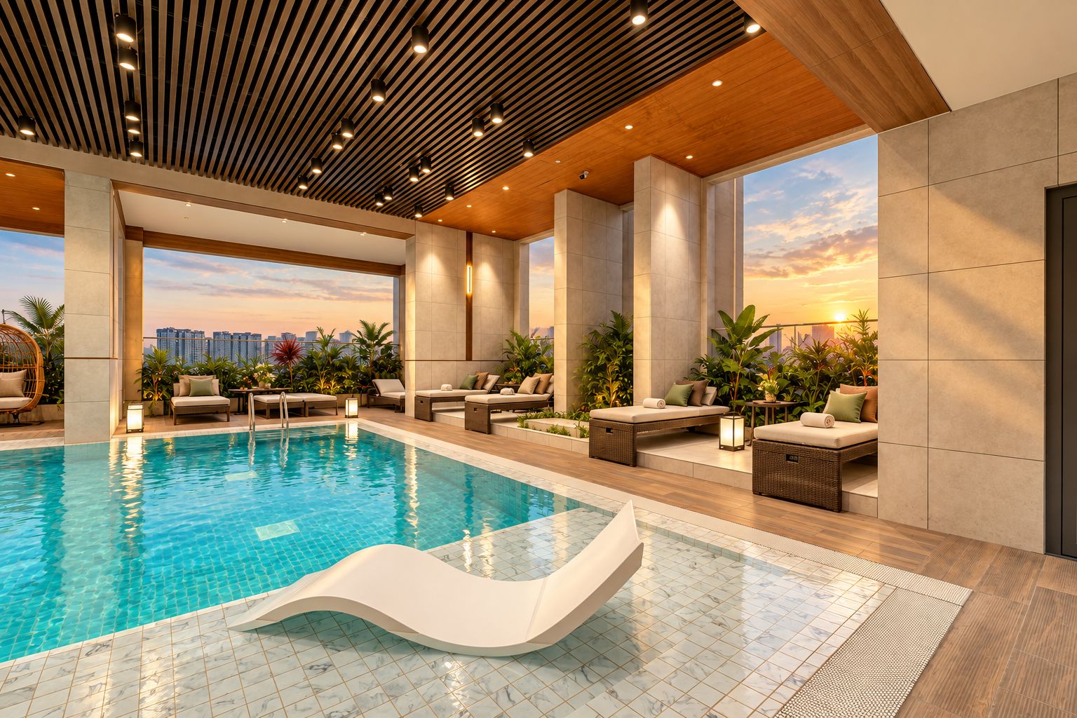 A modern indoor pool area with a view of the city skyline, featuring a pool with a wavy edge, lounge seating, and a wooden ceiling.