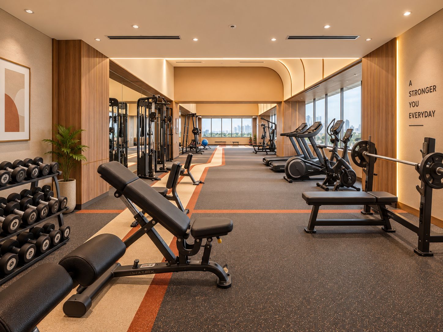 Un gimnasio con equipo de ejercicio variado, incluyendo cintas de correr, máquinas de pesas y mancuernas.