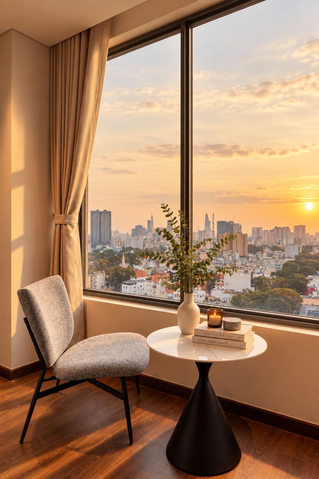 Habitación con vista a un horizonte urbano al atardecer, una silla, una mesita con un jarrón y libros, y una ventana con cortinas.