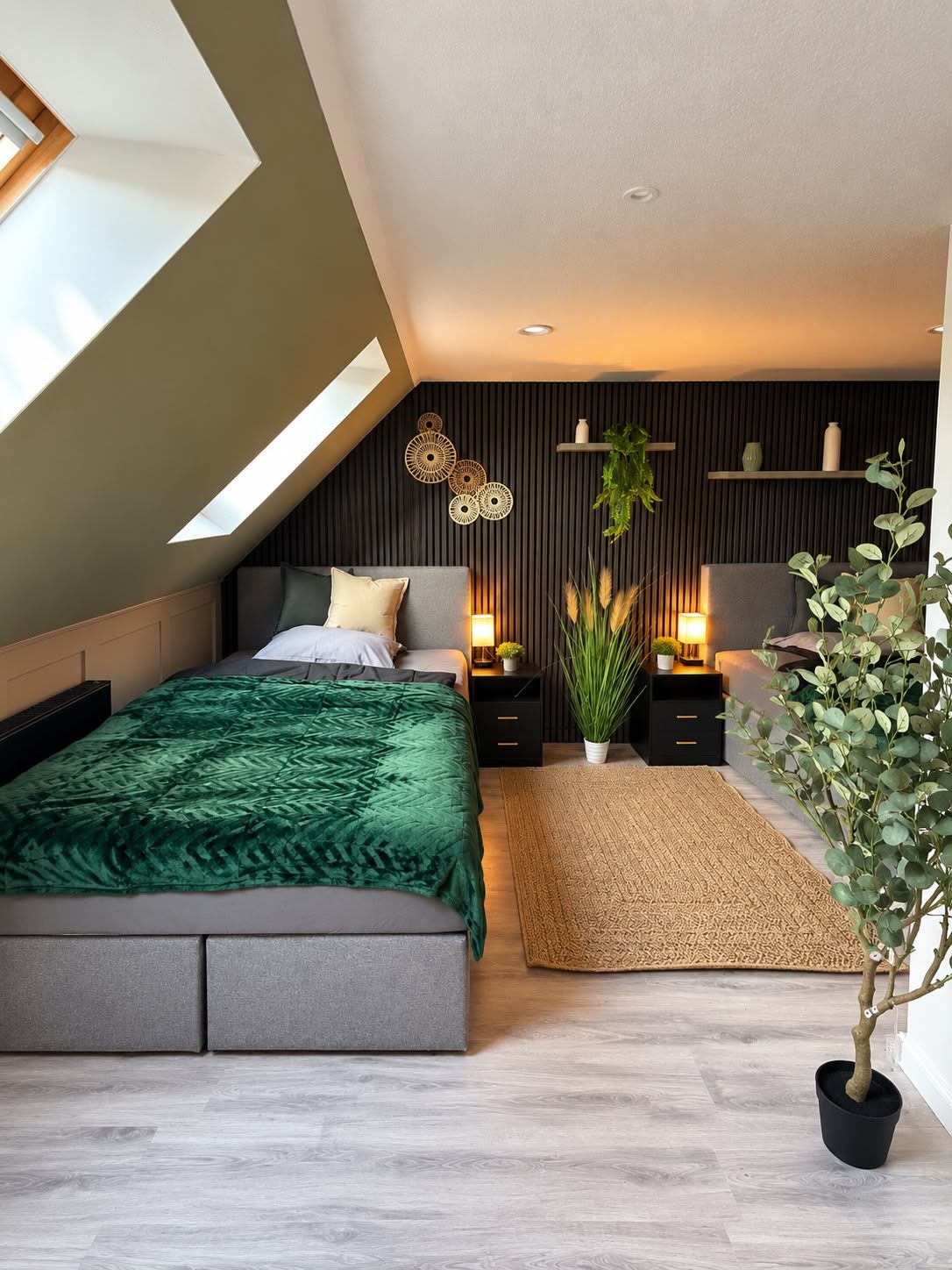 Ein modernes Schlafzimmer mit schrägen Wänden, einem großen Bett, Nachttischen, einer Topfpflanze und Blick zum Himmel.