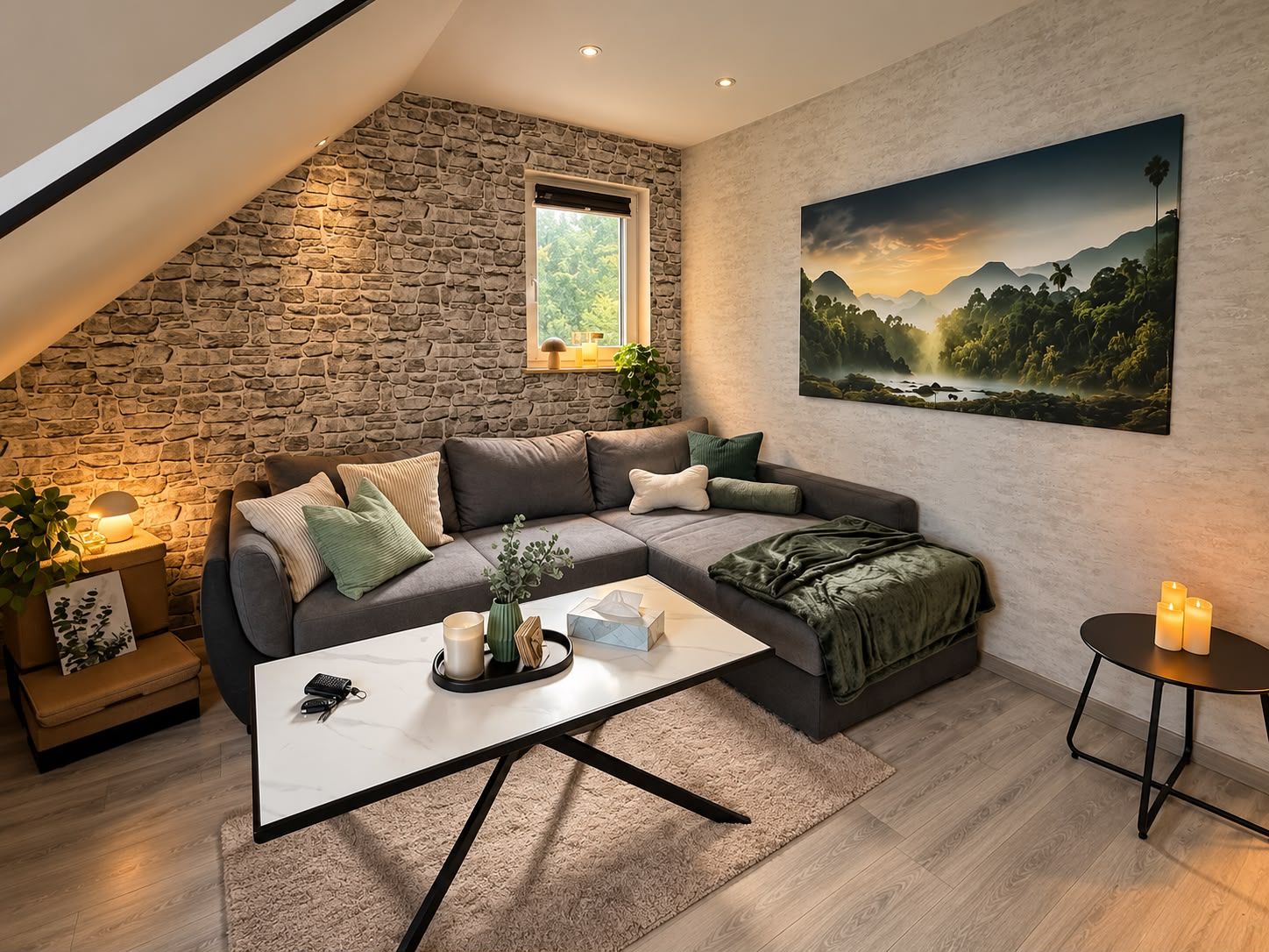 Ein gemütliches Wohnzimmer mit Steinwand, einem Ecksofa, einem Couchtisch und einem Landschaftsbild.