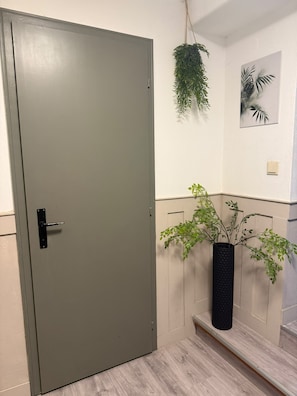 Una porta chiusa con maniglia, una pianta in vaso e un quadro appeso al muro.