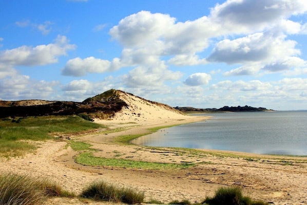 Eine Küstenlandschaft mit Sandstrand, einer kleinen Anhöhe und ruhigem Gewässer.