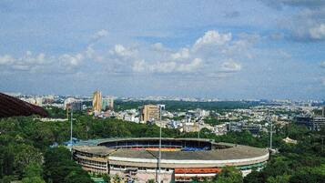 Ein Stadion, umgeben von Grünflächen und Stadtgebäuden.