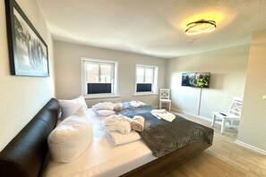 A modern bedroom with a large bed, two windows, a flat-screen TV, and a ceiling light fixture. - House with sea view - Apt. 3 (Wyk auf Föhr)