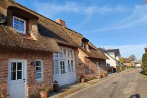 A row of traditional brick houses with thatched roofs and white doors. - 5 Martinique at the Boldix House (Wyk-Boldixum)