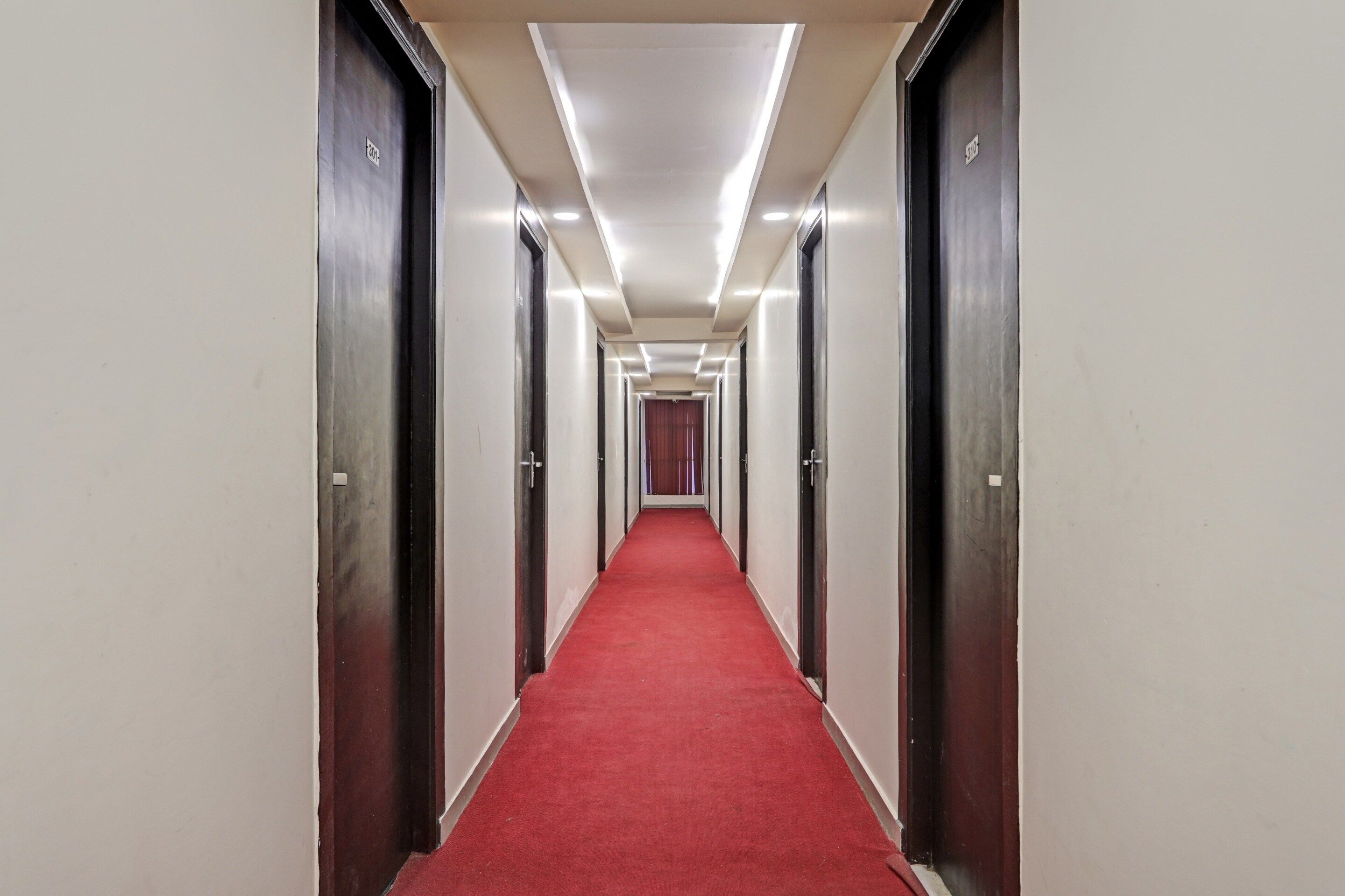 Un pasillo largo y estrecho con puertas a ambos lados, alfombra roja e iluminación en el techo.
