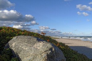 A beach with a large rock in the foreground, a sandy shore, and the ocean in the background. - Holiday home in Damp with swimming pool (Damp)