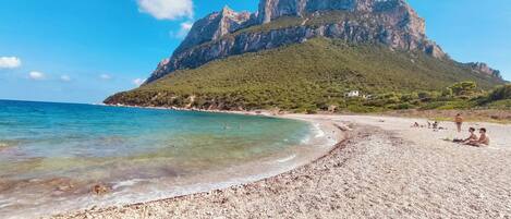 A pebble beach with clear water and a large mountain in the background.