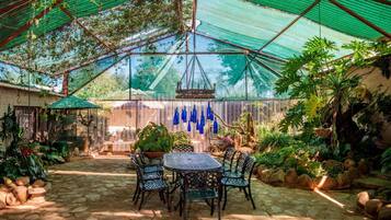 A covered patio with a table and chairs, surrounded by potted plants and a variety of greenery.