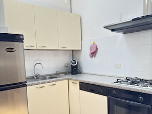 A kitchen with a stainless steel refrigerator, a dishwasher, a sink, a stove, and a kettle. - Vrbo Property (Camigliano)