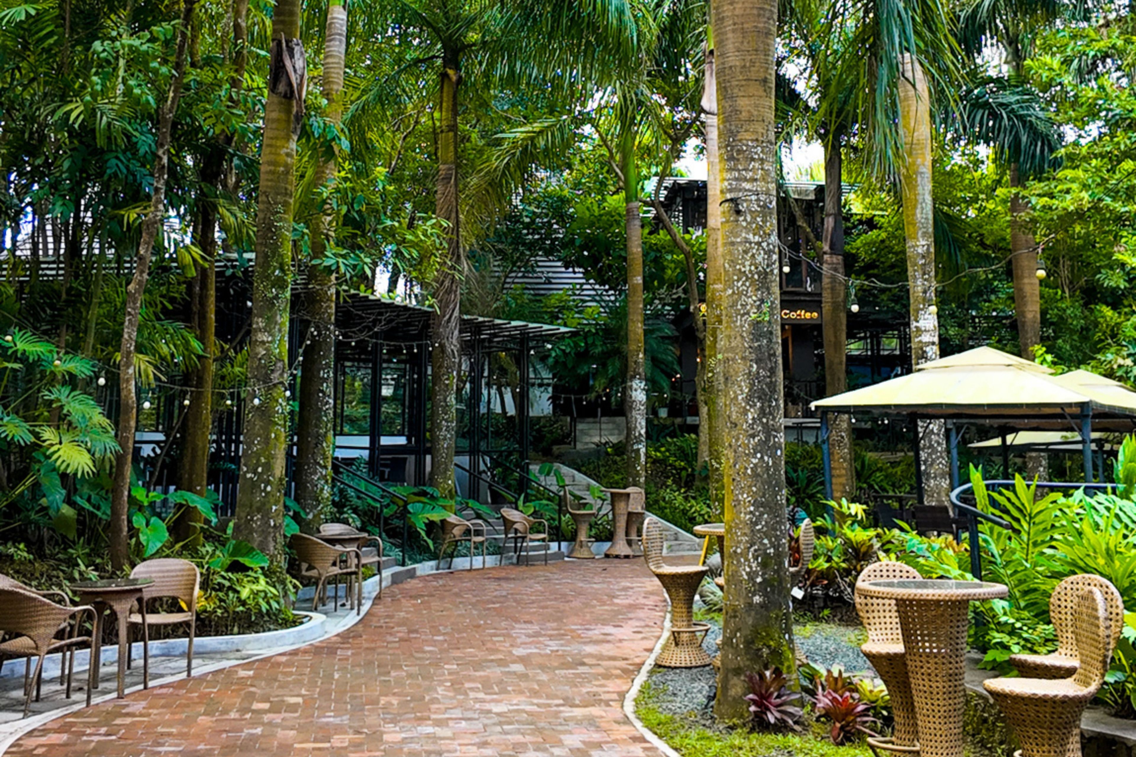 An outdoor patio area with brick flooring, wicker furniture, and lush greenery.