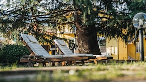 Two wooden lounge chairs with cushions, positioned under a large tree, with a building in the background.