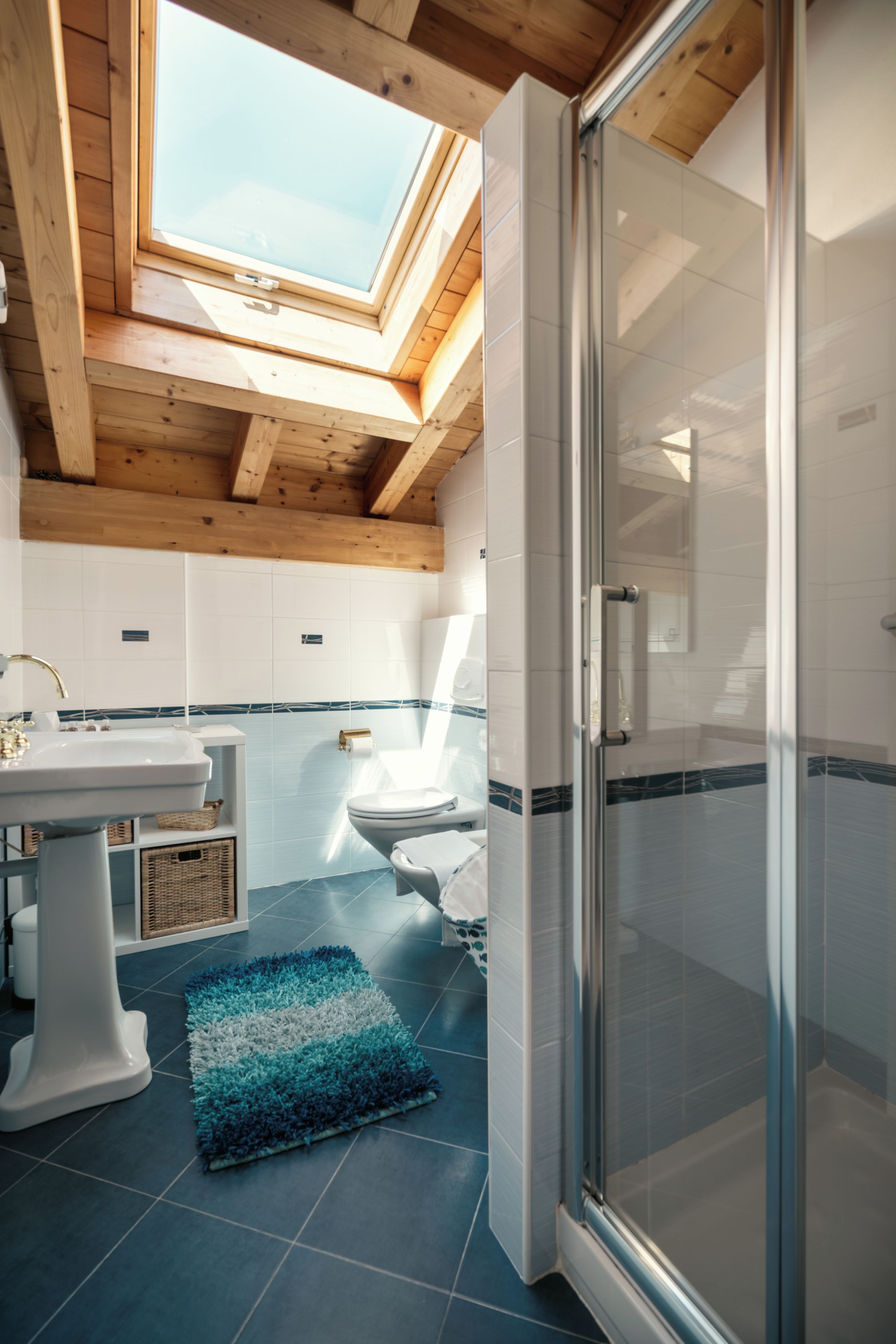 Un bagno moderno con una finestra sul tetto, cabina doccia in vetro e tappeto blu.