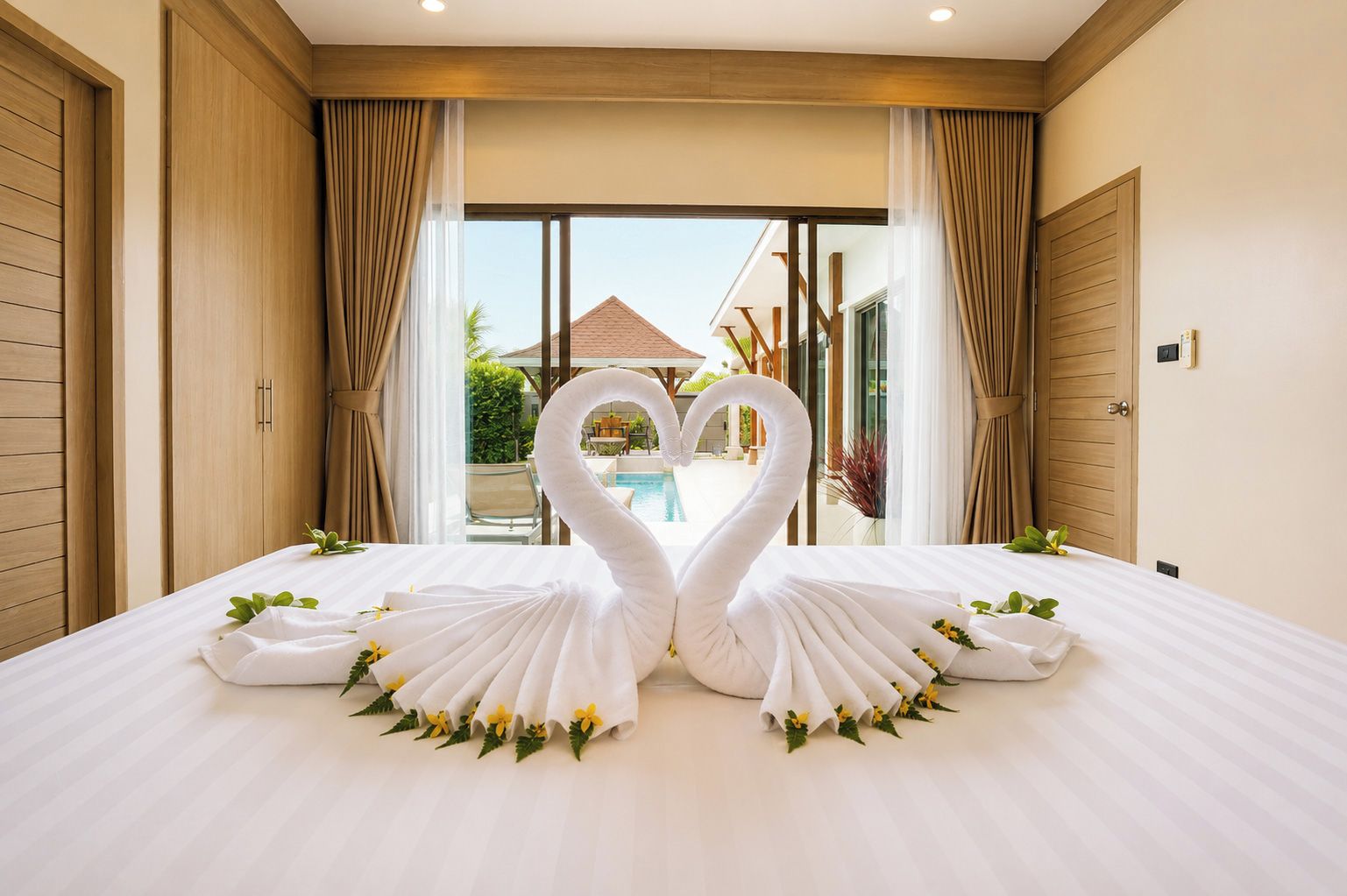 Une chambre d’hôtel avec un lit, deux serviettes en forme de cygne et une vue sur une piscine et un espace extérieur.