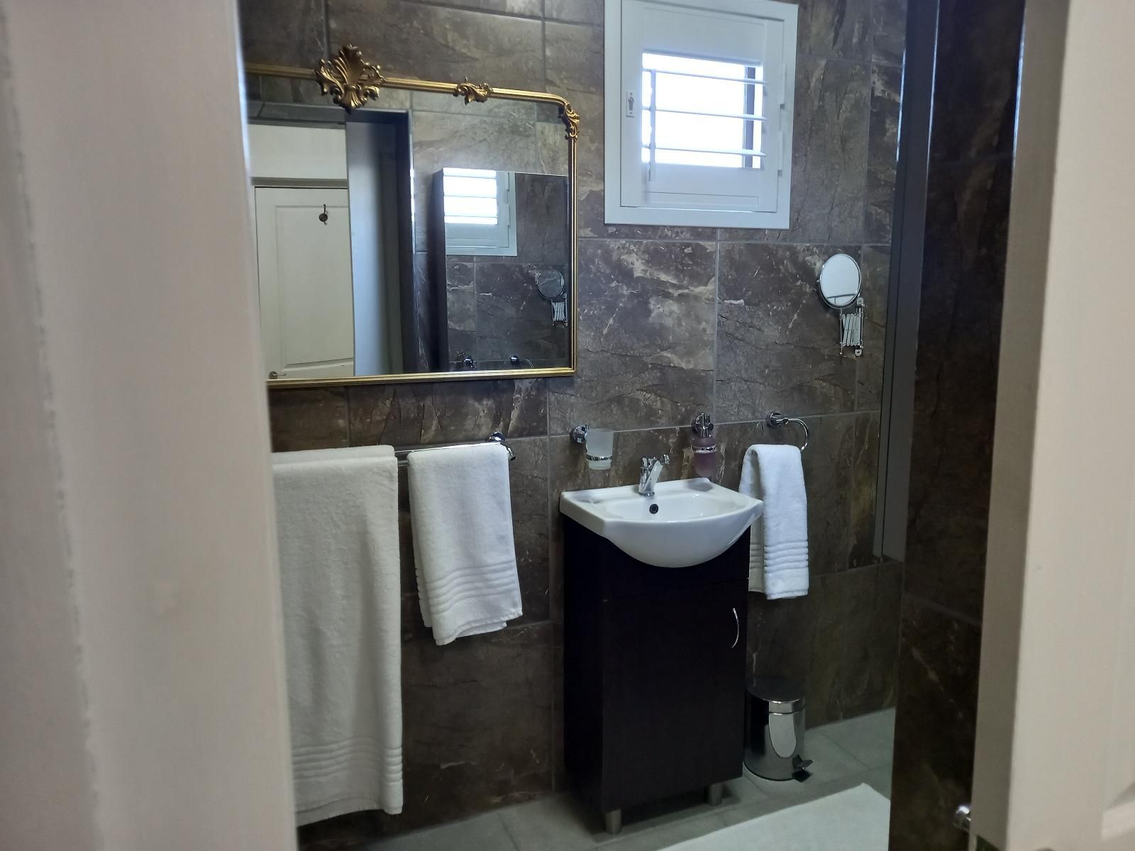 A bathroom with a vanity, a mirror, a sink, and a shower area.