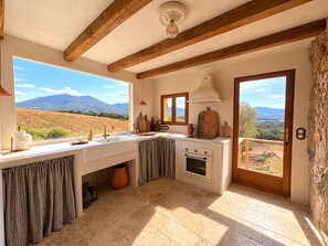 Eine Küche mit Blick auf Berge, ein Fenster, eine Spüle, ein Herd und eine Tür.
