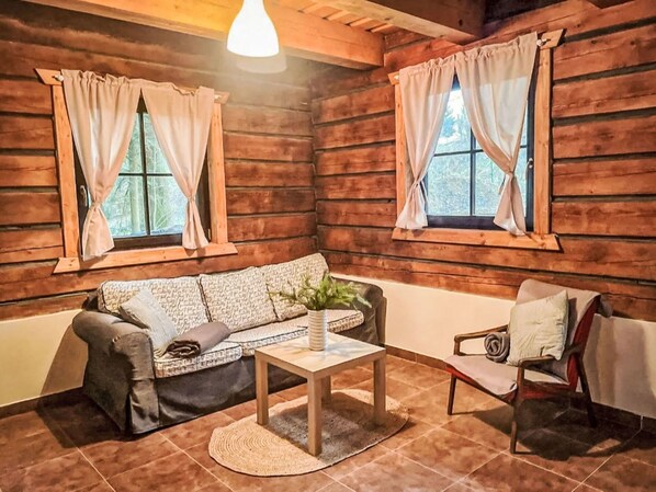 L’intérieur d’une cabane en rondins, avec un canapé, un fauteuil et une petite table sur laquelle est posée une plante.