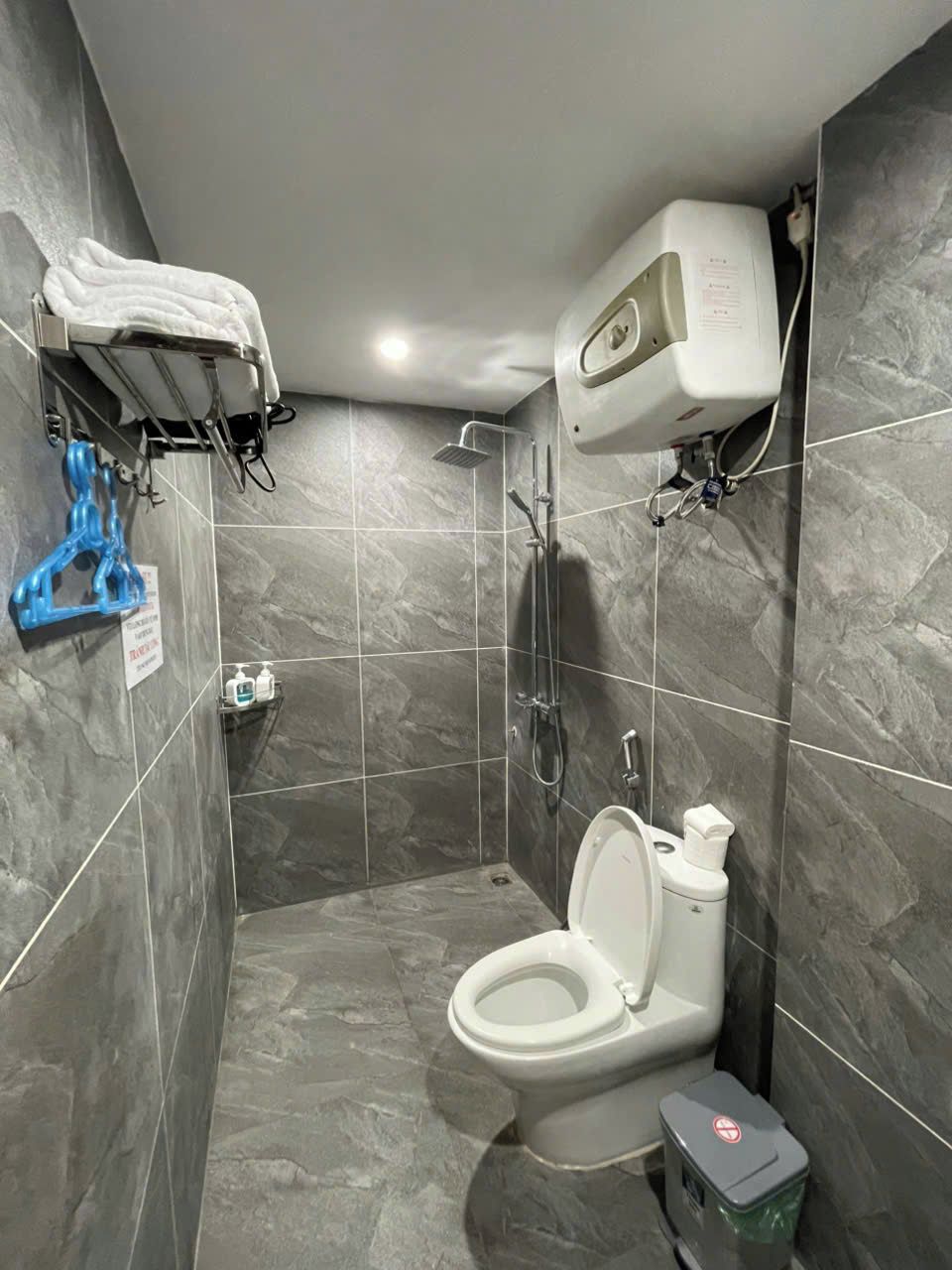 A modern bathroom with a toilet, shower, and towel rack.