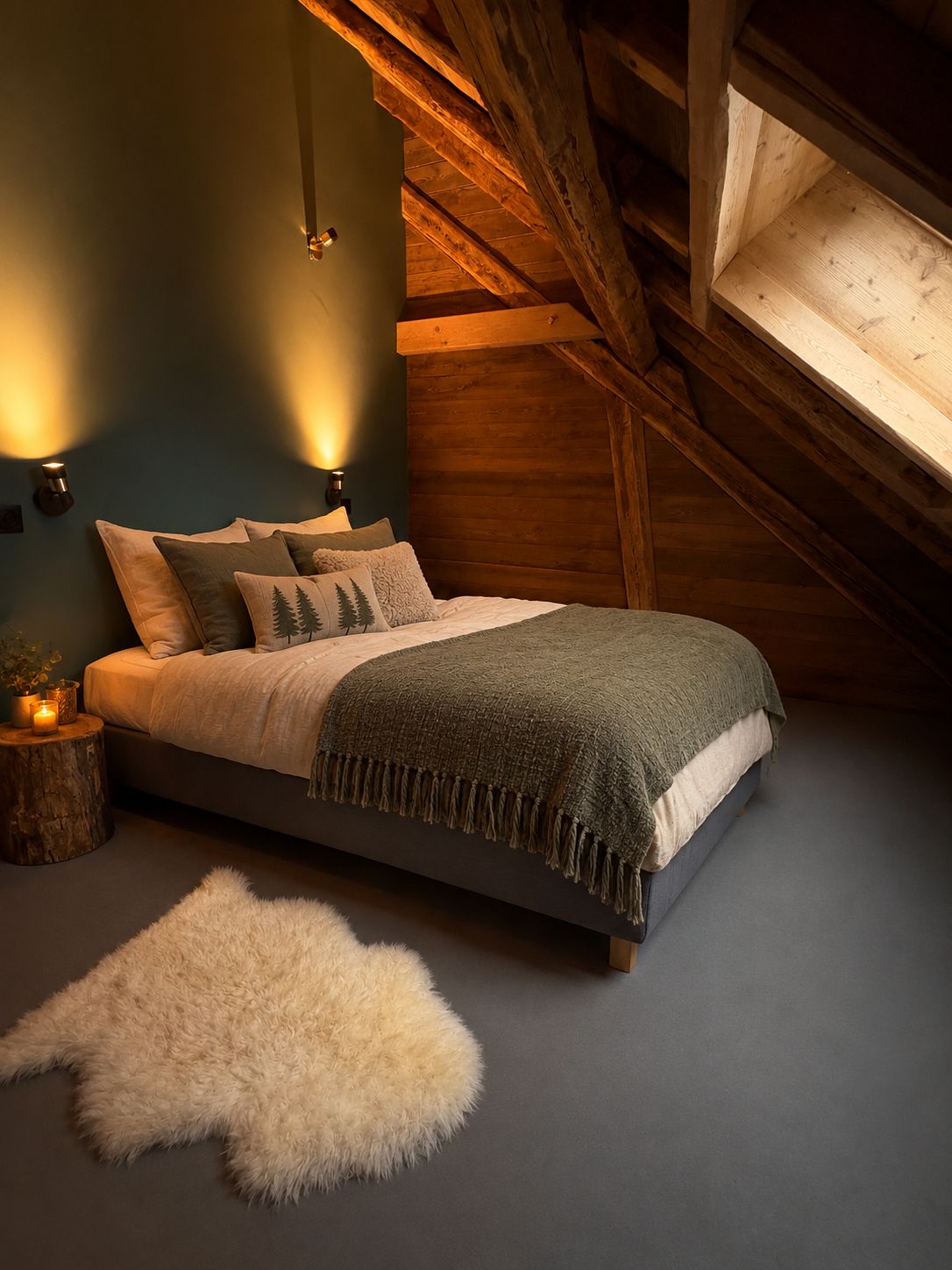 A bedroom with a bed, pillows, a fluffy rug, and wall-mounted lights.