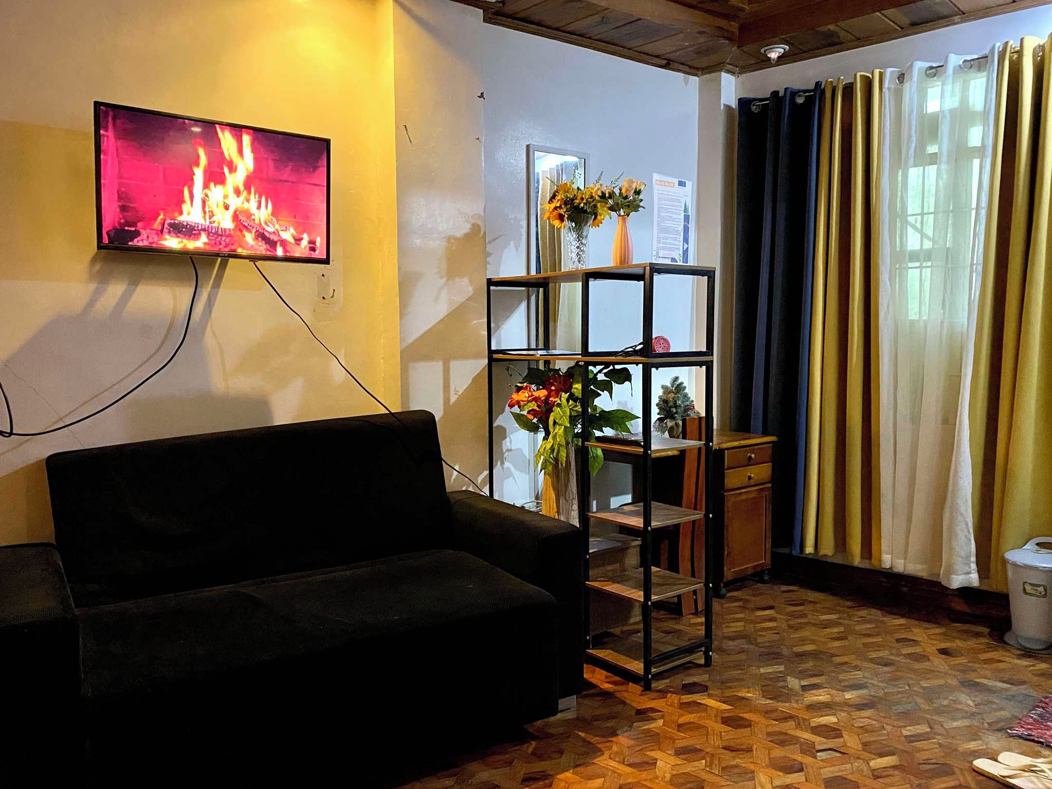 A living room with a black sofa, a television displaying a fire, a bookshelf with flowers, and a window with curtains.