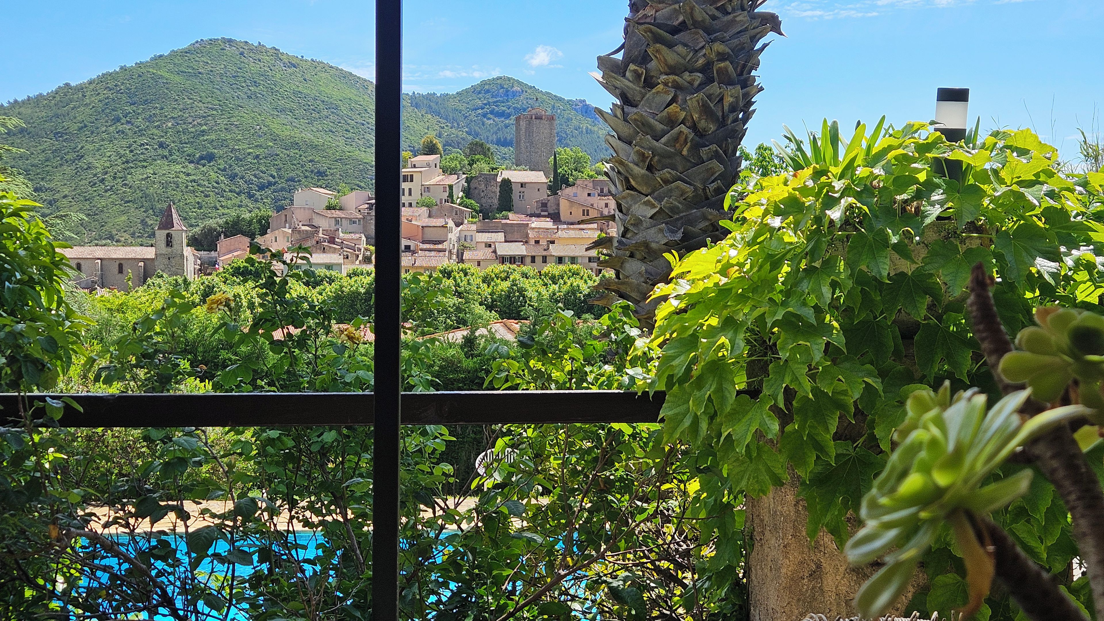 A view of a town with buildings, a mountain, and a pool.