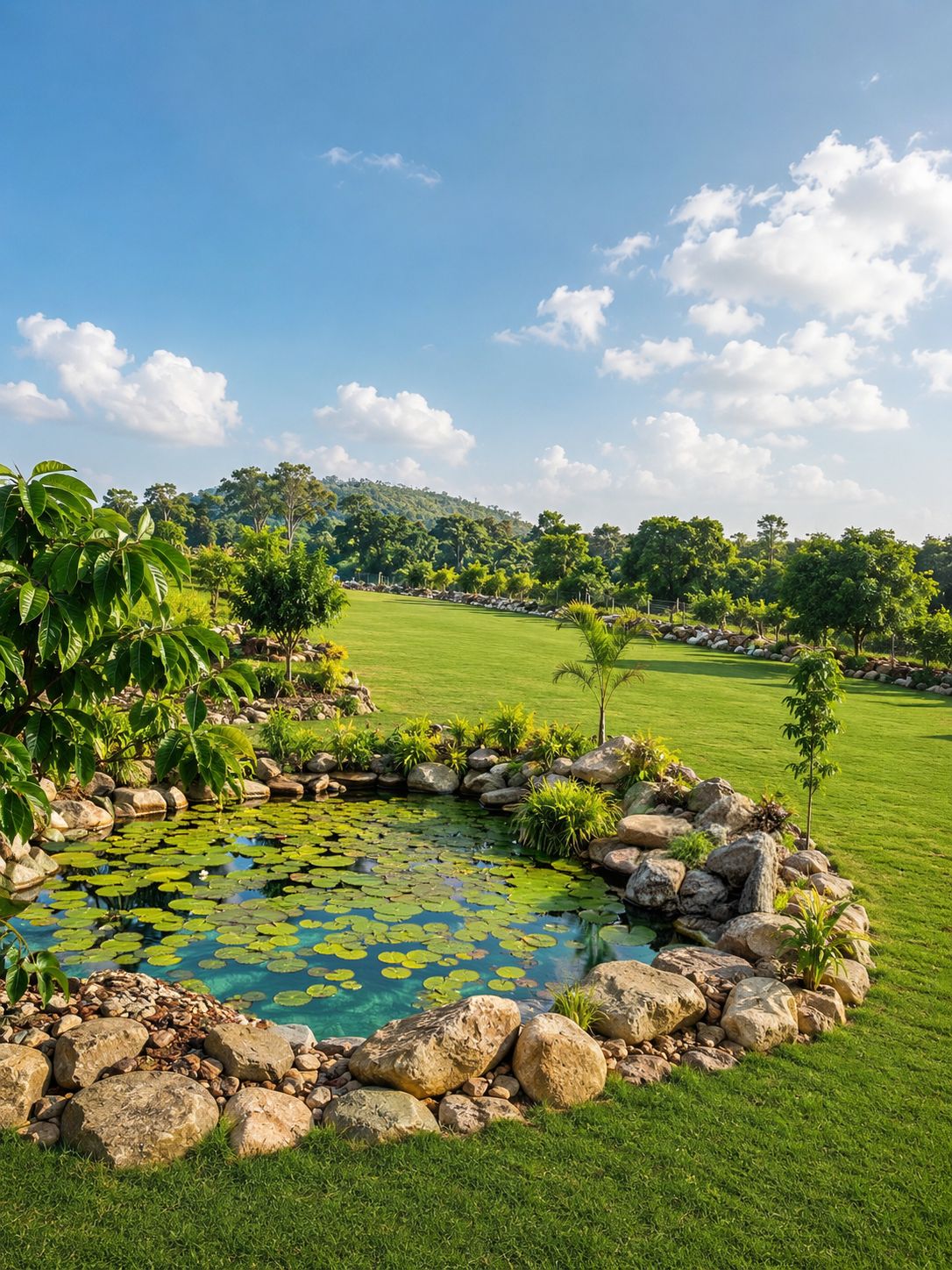 Un jardin aménagé avec un étang, des rochers et de la pelouse.