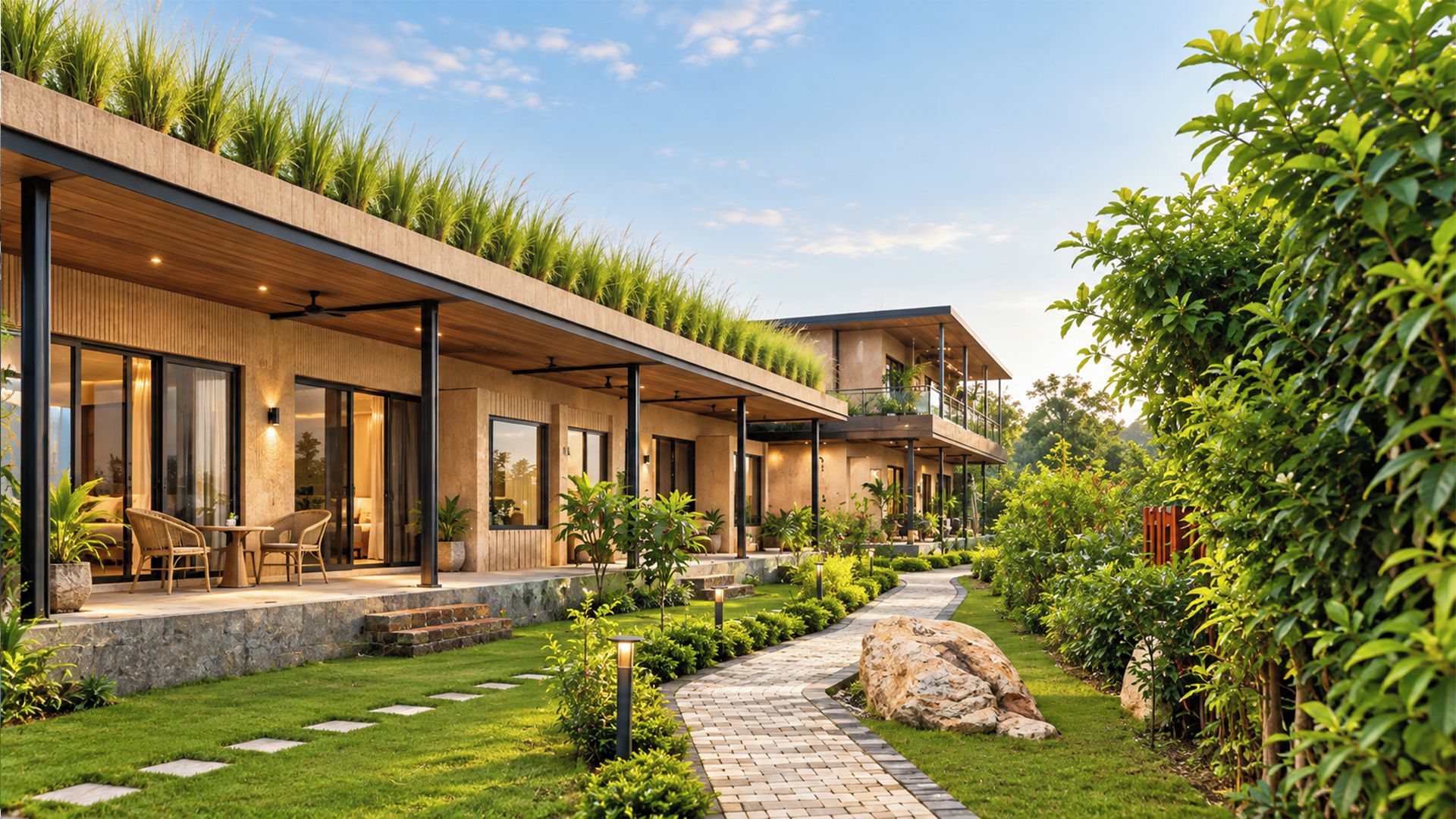 Une maison moderne dotée d’un patio couvert, d’un espace salon extérieur et d’un jardin bien entretenu.