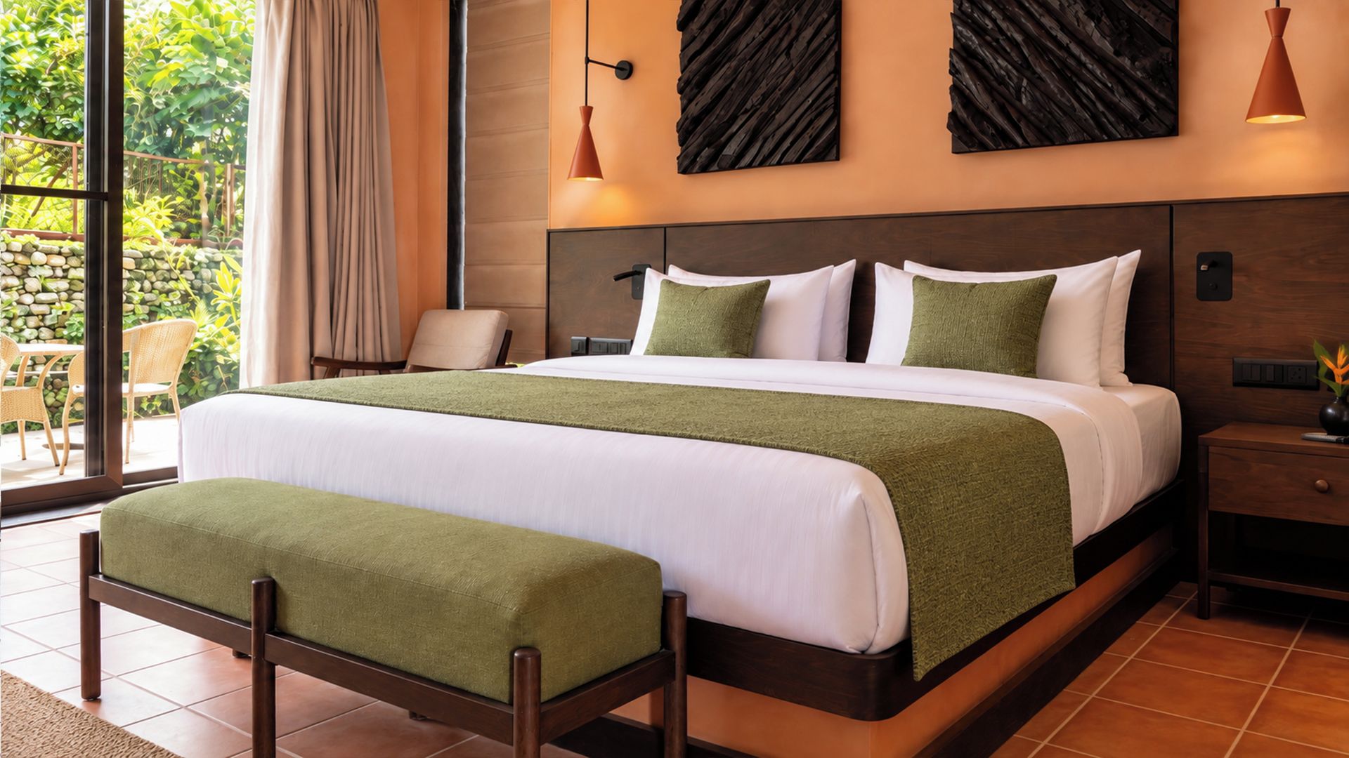 A hotel room with a large bed, a bench, a nightstand, and a view of the outdoors.