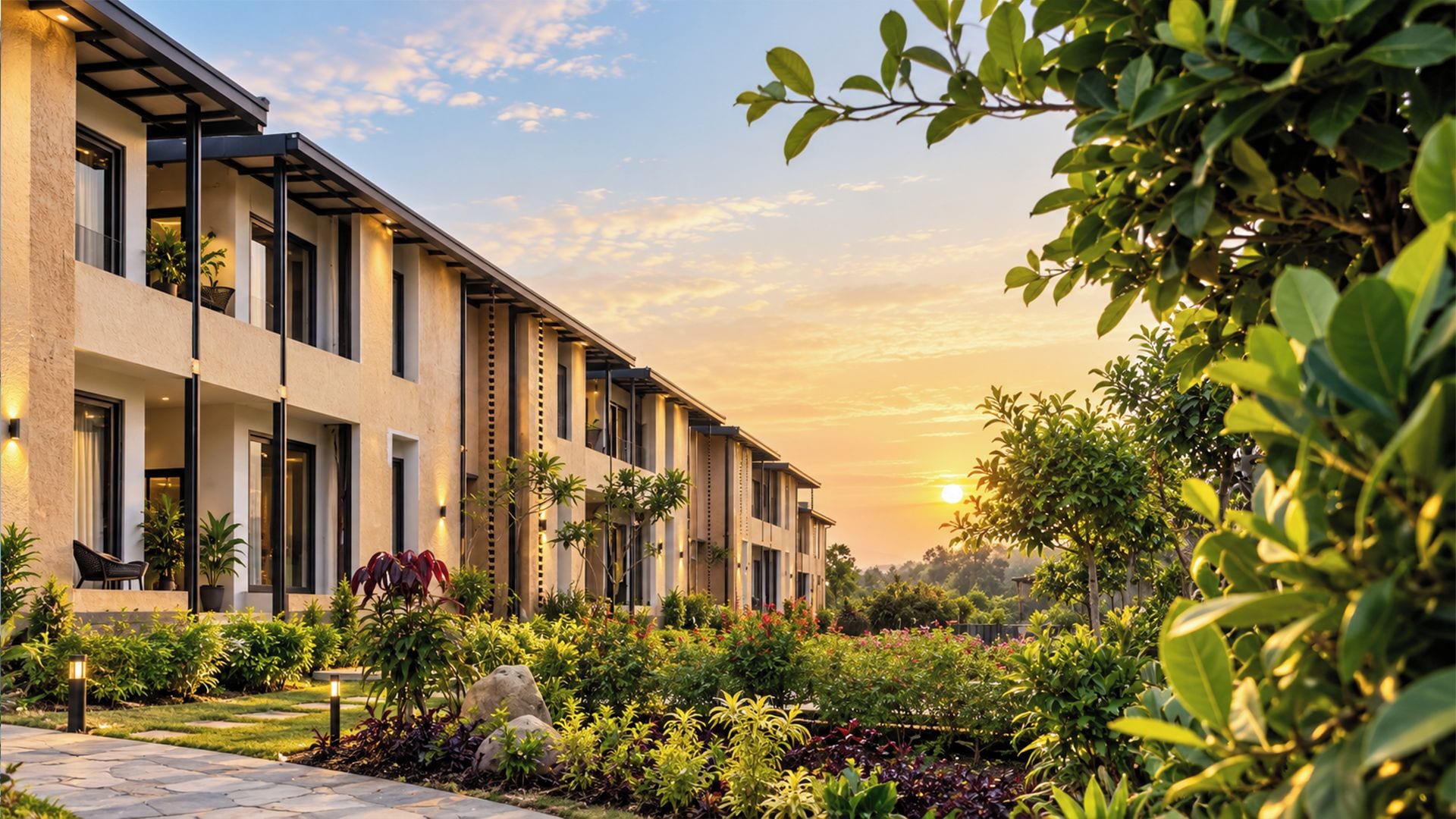 A modern building with a covered outdoor area, surrounded by lush greenery and a clear sky.