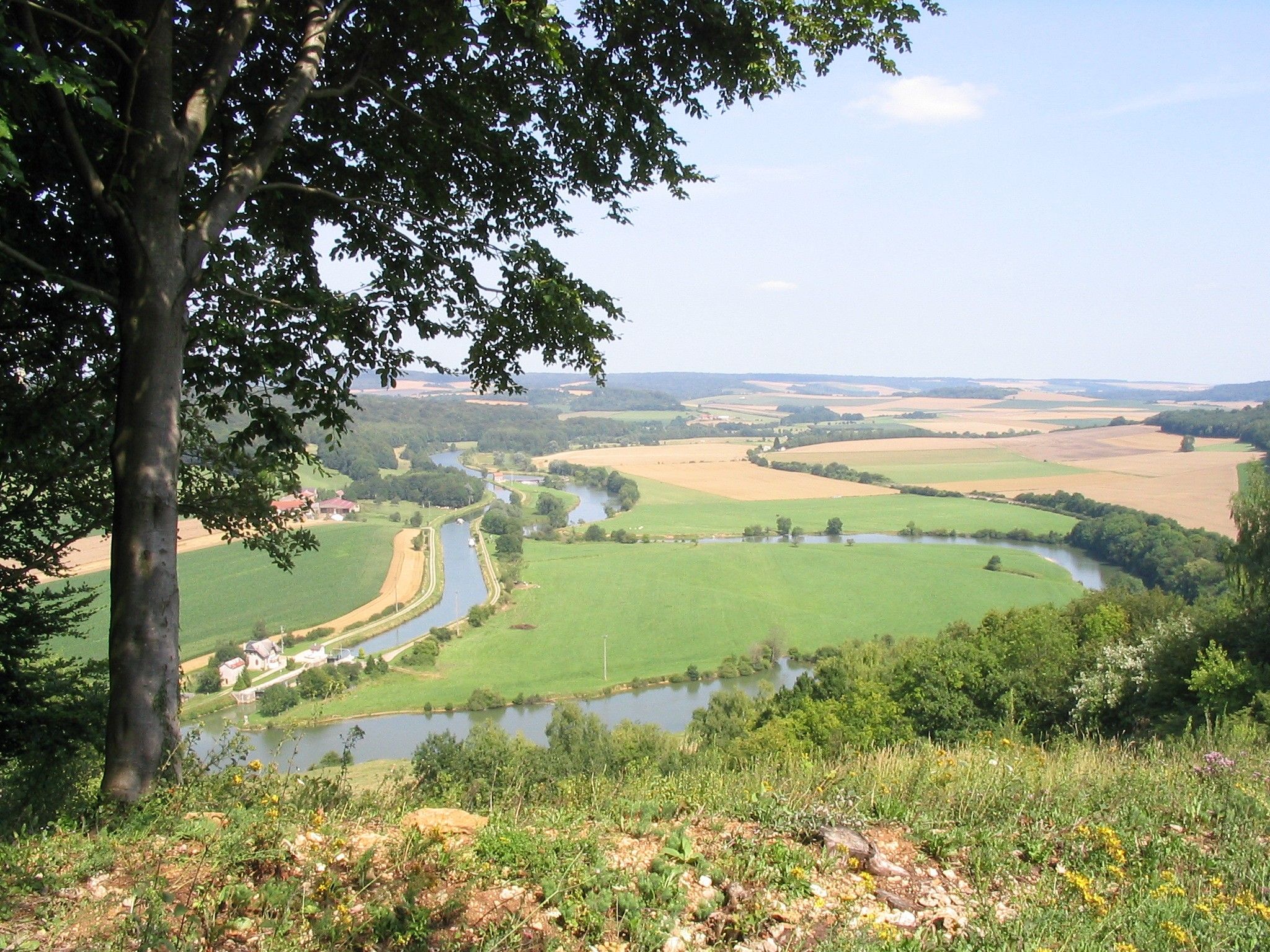 Un río serpentea por un paisaje rural con campos y un pequeño asentamiento.