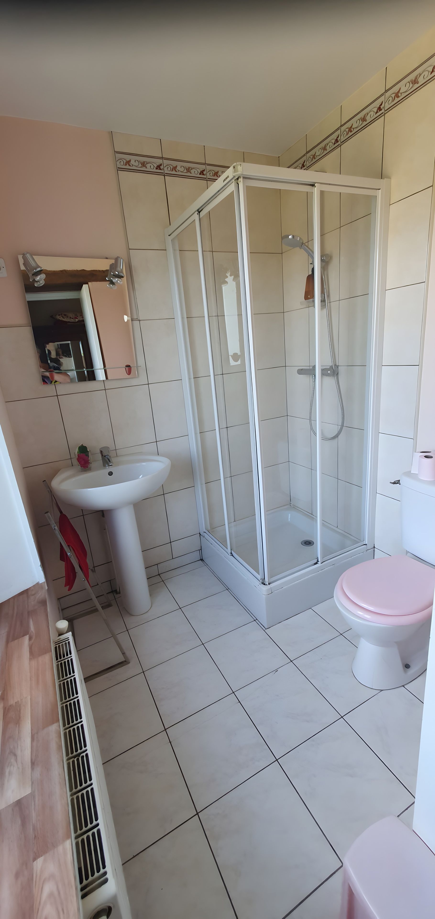 A bathroom with a shower enclosure, sink, toilet, and a mirror.