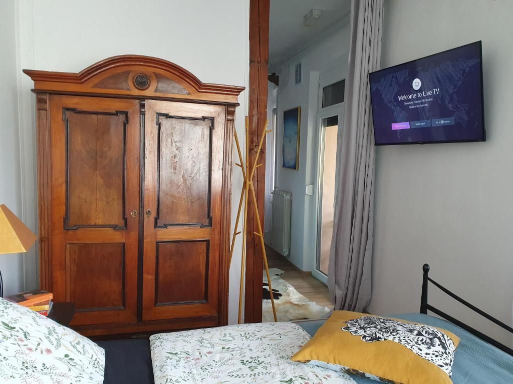 Una habitación con cama, armario, televisión y vistas a un pasillo.