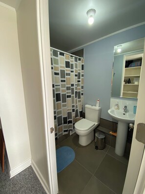Ein Badezimmer mit Toilette, Waschbecken und Duschvorhang.