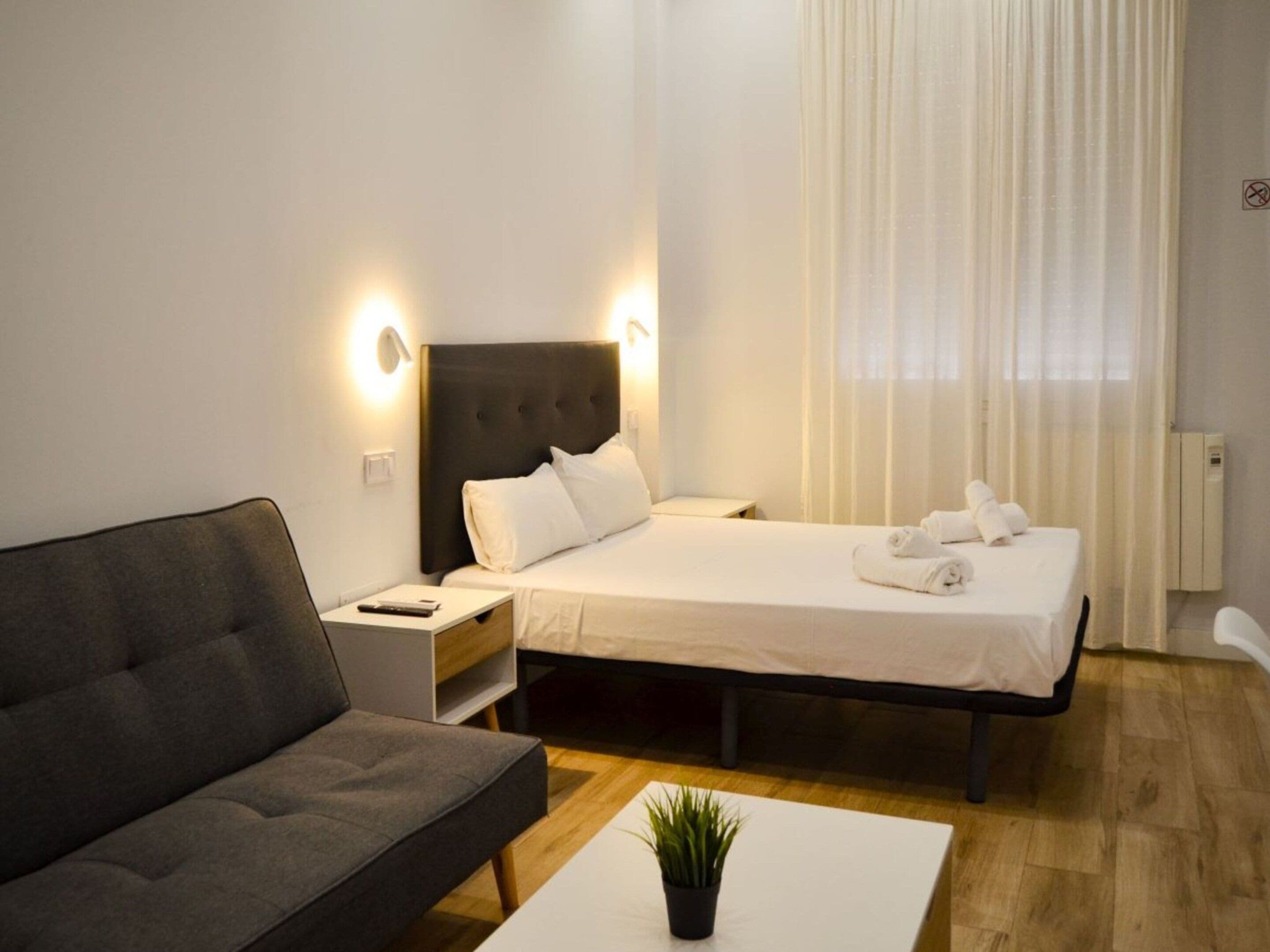 Habitación de hotel con cama, mesita de noche, un sofá gris y una pequeña planta en maceta.