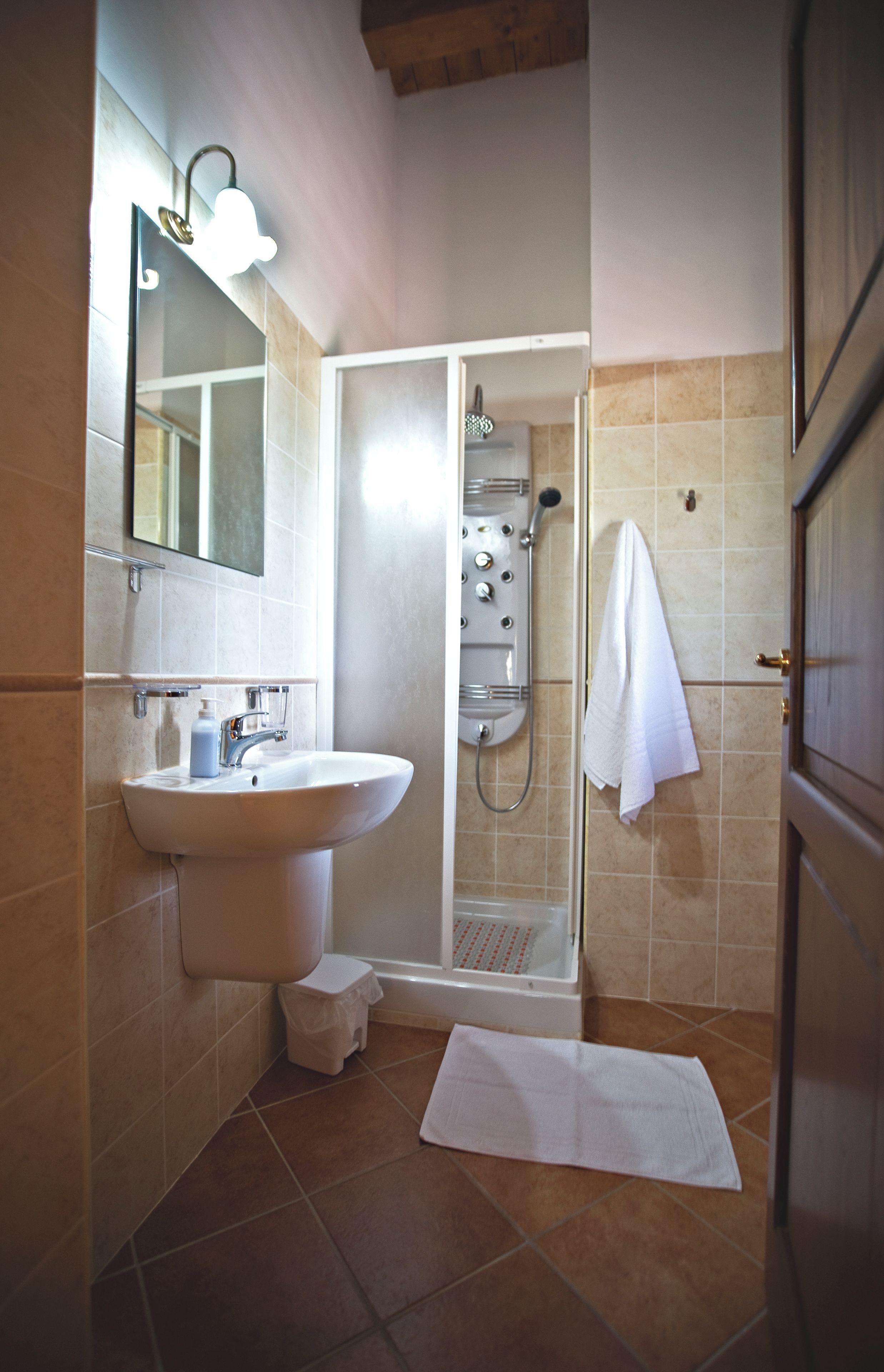 A bathroom with a sink, mirror, shower, and a towel hanging on the wall.