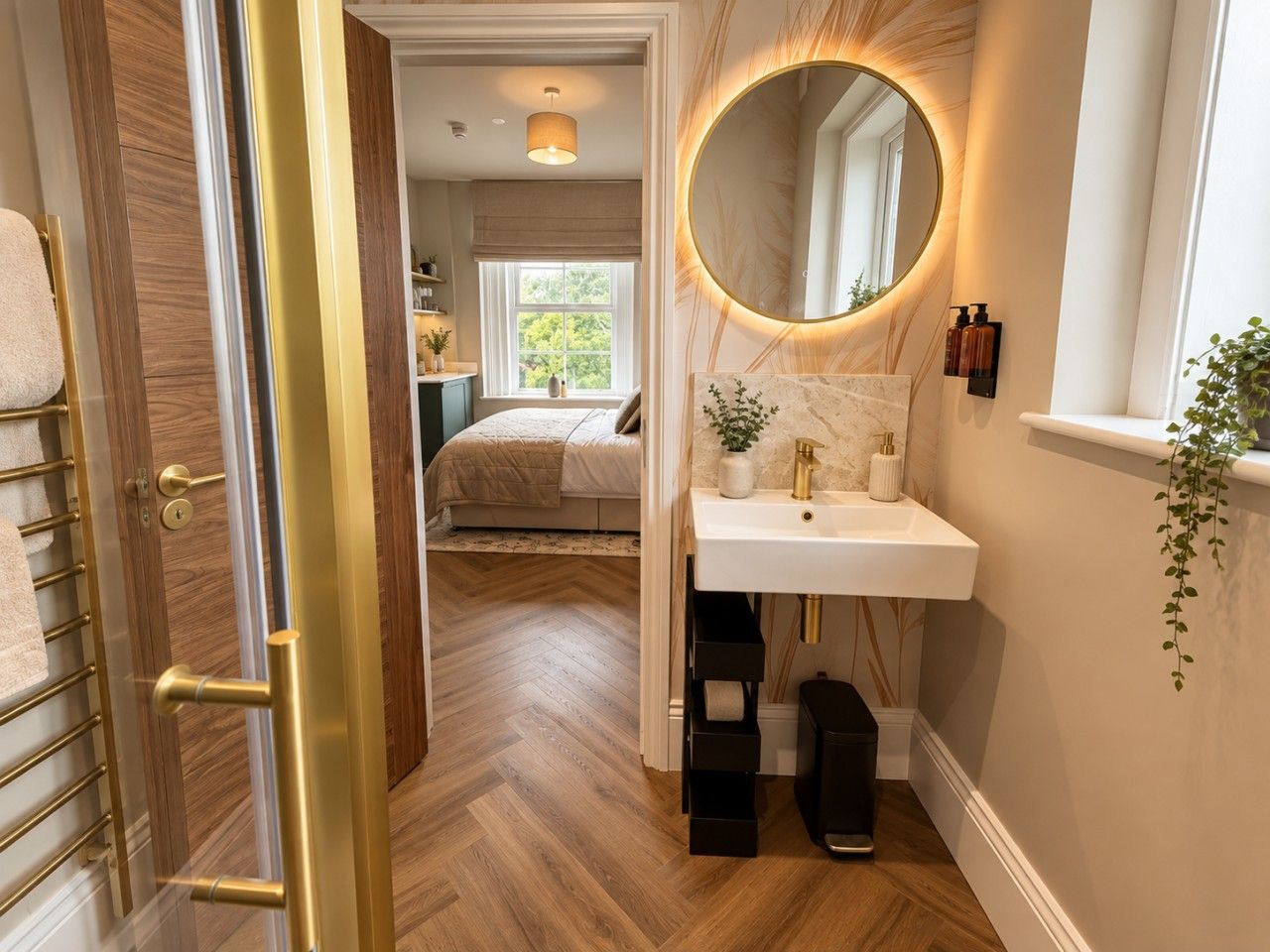 A hallway leading to a bedroom with a wooden floor, a white sink with a gold faucet, and a round mirror with a gold frame.