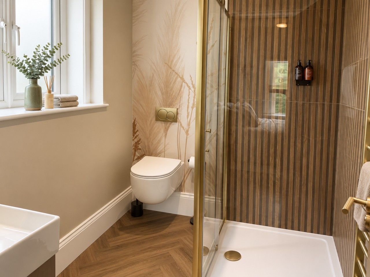 A modern bathroom with a toilet, a shower with a glass door, and a sink.