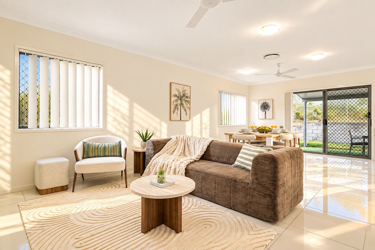 A spacious living room with a brown sofa, a round coffee table, and a white armchair. There is a dining area with a table and chairs visible through a glass door.