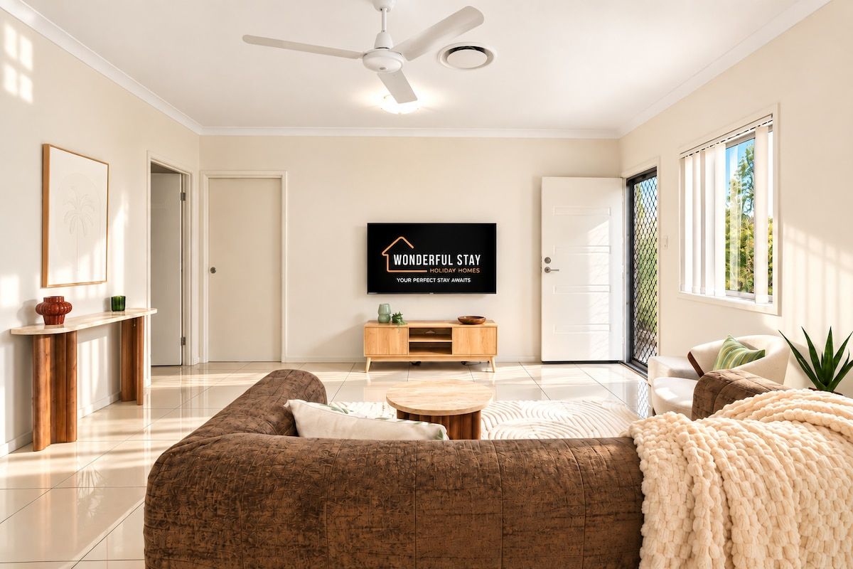 A modern living room with a sofa, a coffee table, a TV, and a ceiling fan.